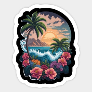 Tropical Paradise Sunset - Vibrant Colors, Palm Trees, and Tranquil Waves Sticker